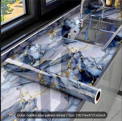 Golden Blue Marble Contact Paper Self Adhesive Waterproof Wallpaper Glossy Kitch
