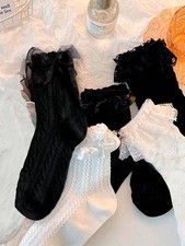Women Cute Bow Ruffle Crew Socks 6 Pairs, Bright Colors, Japanese Fall Fashion