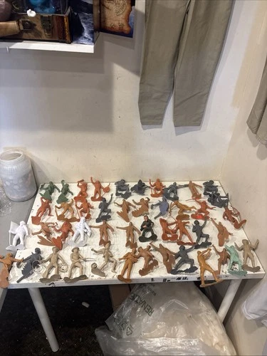 Louis  Marx Plastic Figure Lot of 45 Native American Caveman Cowboys & More