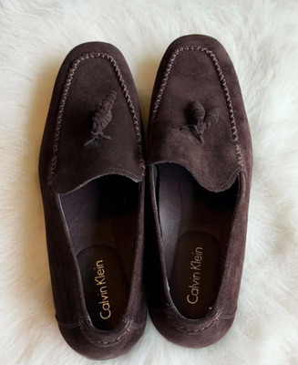 Mens 9 Calvin Klein CK Brown Suede Shoes Driver Tassel Loafers New