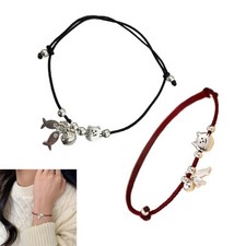 Minimalist Cats Fish Bracelet Set Handwoven Black Red Cord For Friendship