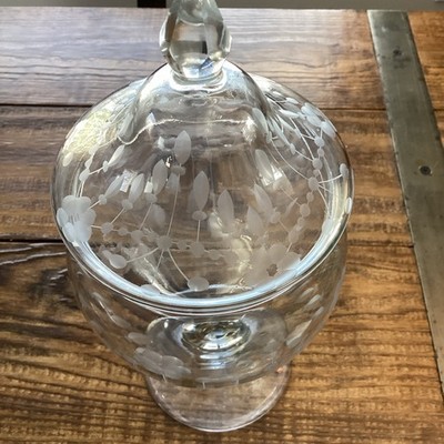 VTG Floral Etched Pedestal Lidded Apothecary Clear Glass Jar Candy Dish 10  Tall