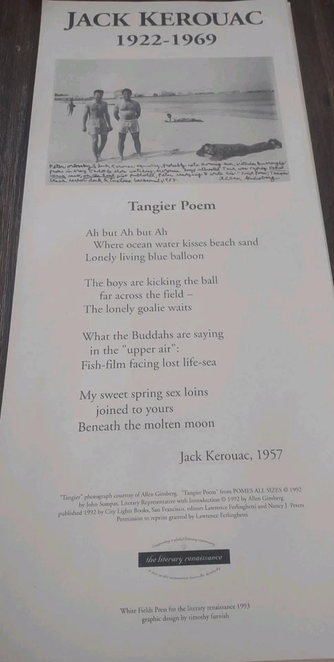 Jack Kerouac Tangier Poem White Fields Press Poster 1992 Burroughs Ginsberg Beat - Image 2 of 4