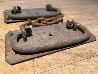 PAIR ANTIQUE HAND FORGED IRON TRUNK COFFER BOX CHEST LIFTING DROP HANDLES