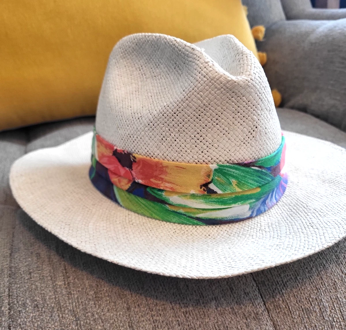 Vintage Original Panama Jack Woven Straw Hat w/ Blue Floral Fabric on Brim Sz SM Premium Genuine Panama Straw Safari Hat – Panama Jack® main image 2