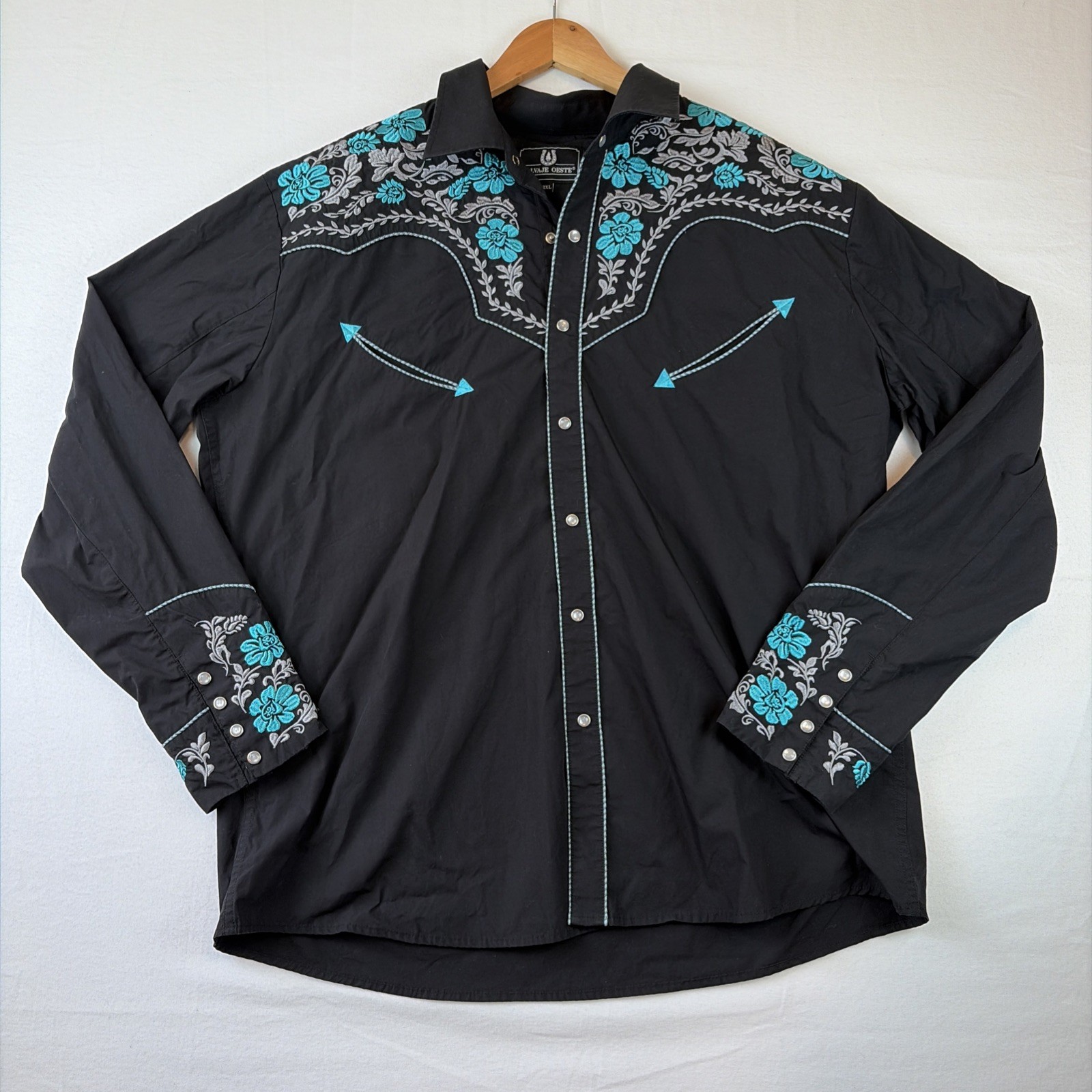 Salvaje Oeste Shirt Mens 2XL Black Floral Embroidered Western Snap Rodeo Cowboy