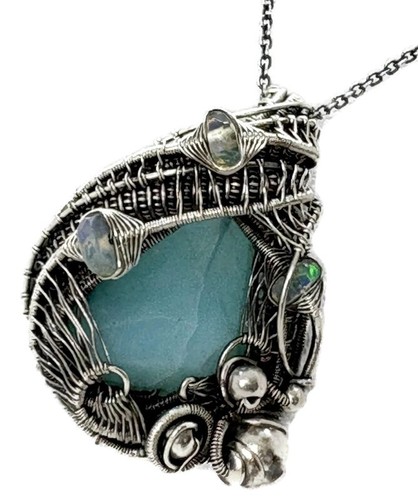 Peruvian Blue and Ethiopian Opal Pendant: Wire-Wrapped Sterling Silver Necklace