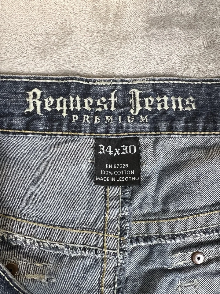 Jeans Request para hombre 34x30 Premium lavado mediano desteñido azul solapa puntada gruesa *FOTO Foto 3 de 4