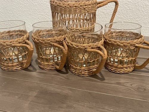 Vintage Rattan Wicker Juice Pitcher & Glasses Set Woven Handle 10 Piece Boho MCM - Picture 10 of 10