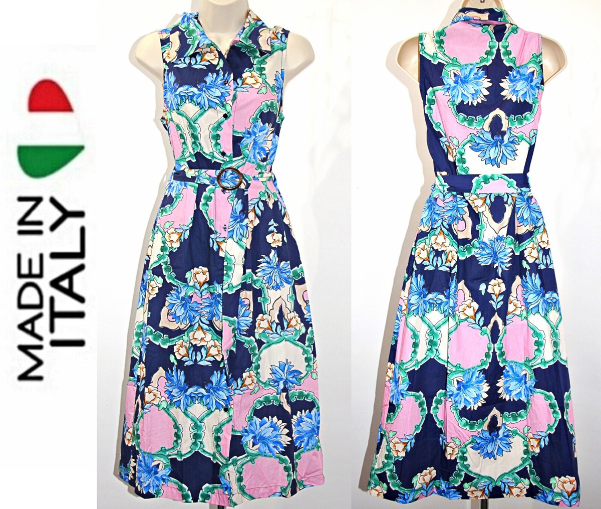 MAGARI Cotton Blend Floral Midi Shirt Dress With Belt in Navy Multi sz L