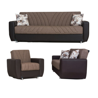 Duaa Light Brown Fabric w/Brown PU Leather Sofa Bed/Loveseat/Armchair