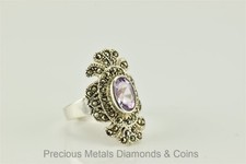 Sterling Silver Oval Amethyst Solitaire Marcasite Statement Ring 925 Sz: 7.5