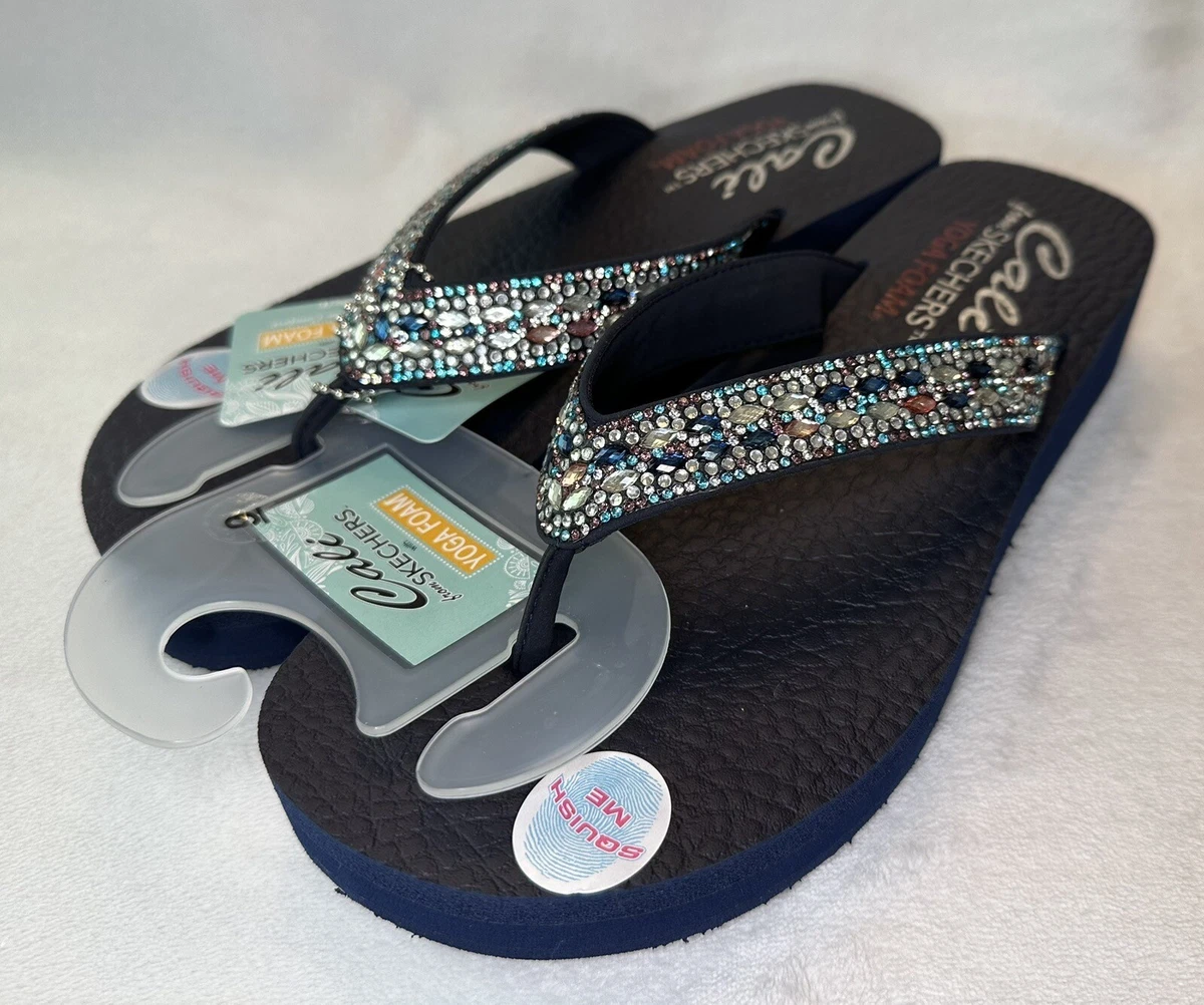 Skechers Women's 9 Cali Yoga Foam Flip Flop Wedge Sandals Blue Navy  Rhinestone