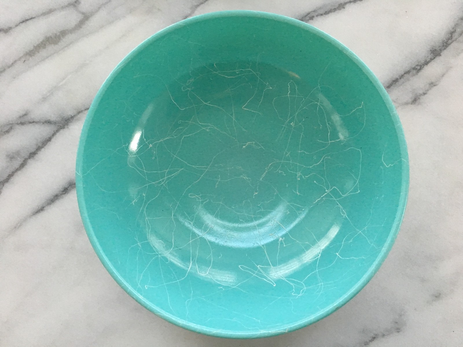 Vintage Mid Century Milk Glass Salad Bowl Turquoise White Drizzle