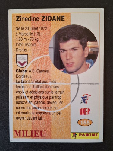 Zinedine Zidane Bordeaux Rookie 1994 Carte Foot Panini UNFP #155 Français - Picture 3 of 3