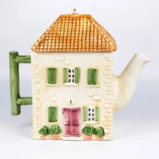 Ellen Blonder Cottage House Tea Pot Cookie Jar, Ceramic Canister Kitchen Storage