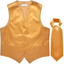 New Men's Solid Tuxedo Vest Waistcoat  Ascot Cravat Gold Wedding formal party