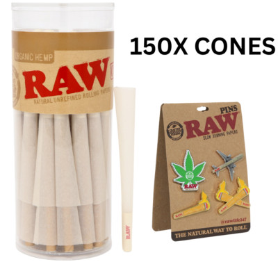 RAW 1 1/4 Organic Pre-Rolled Cones 150ct + RAW Classic Logo Badge Pin Set