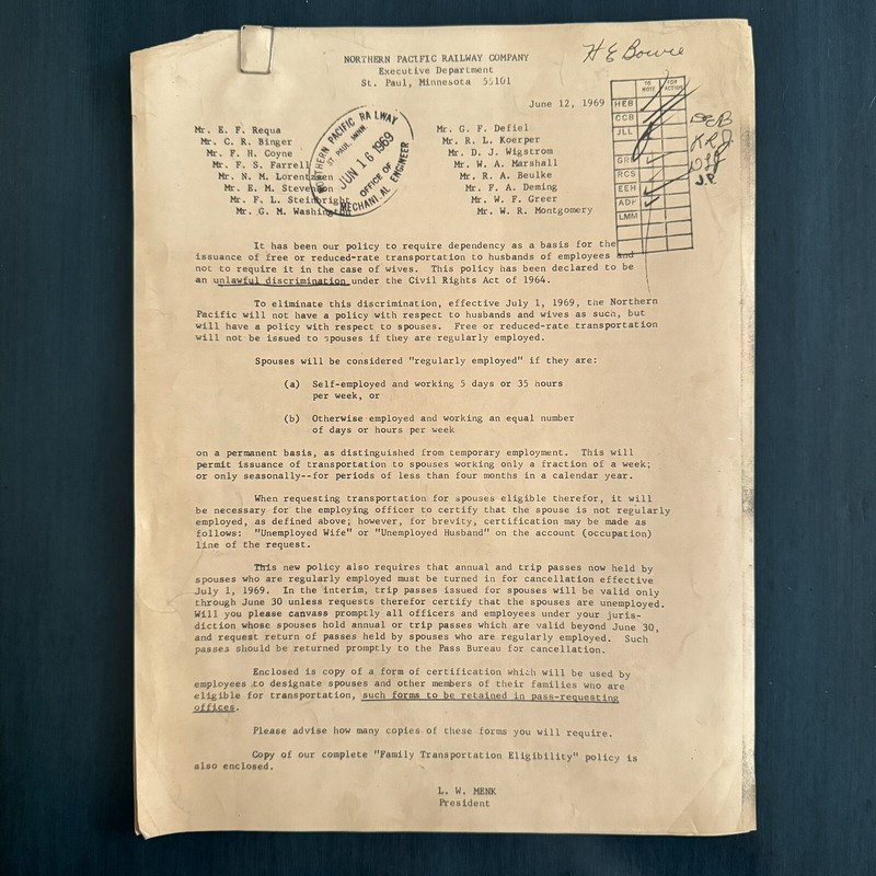 Northern Pacific Railway VINTAGE Family Transportation Eligibility Exec Letter 