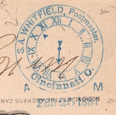 Postmaster Blue POSTMASTER BLUE CANCEL 1884 Jacksonville FL - Cincinnati OH Postal Card ...