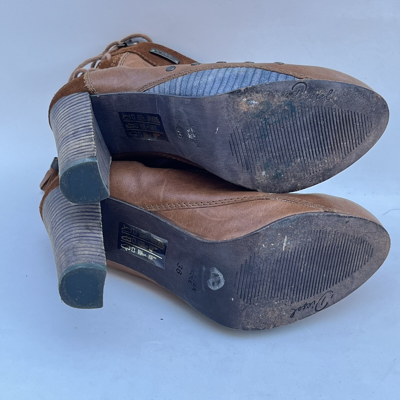 DIESEL Brown Leather Ankle Boots 36 Heeled Studded Lace Up Back Platform Slouchy thumbnail 11