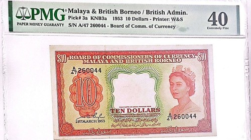 1953 Malaya & British Borneo Ten Dollars QE II SN# A47260044 PMG 40 Banknote - Picture 3 of 4
