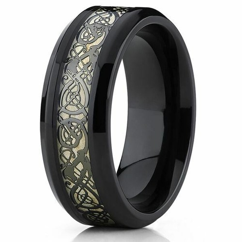 8mm Men or Ladie's Black Titanium Celtic Dragon Inlay Design Wedding Band Ring - Picture 3 of 4