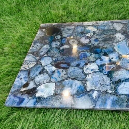 Blue Square Agate Stone Center Coffee Table Kitchen Slab Handmade Gemstone Decor - Picture 4 of 16