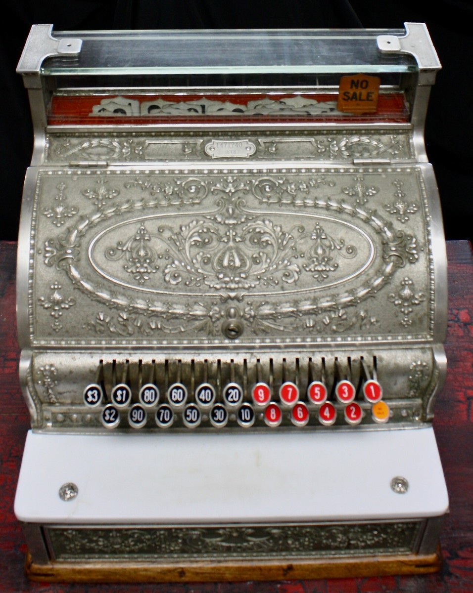 National Cash Register Model 332. Brass. Wood Base. Dings! Works
