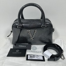 Versace Virtus Top Handle Crossbody Bag Gunmetal Metallic Textured Leather Nwt