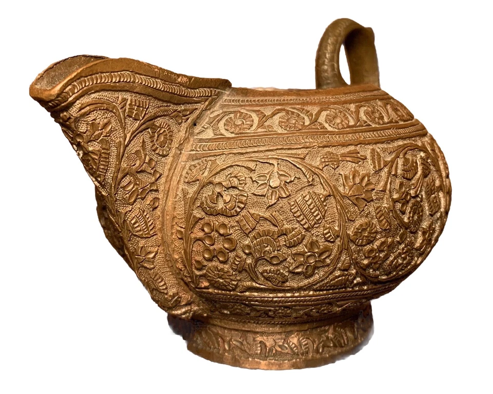 "Excepcional olla de cobre india antigua mango de serpiente 5"" antigua reposada floral" Foto 4 de 4