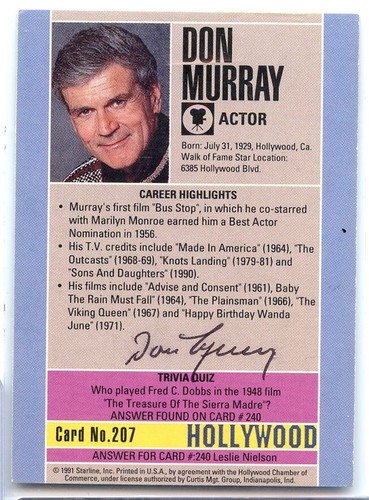 Don Murray signed autographed 1991 Starline Hollywood AUTO #207 50s ACTOR - Picture 1 of 2