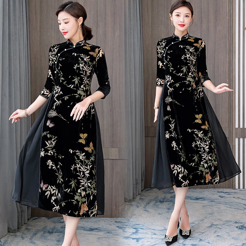 Women Floral Cheongsam Dress Elegant Chinese Velvet Chiffon