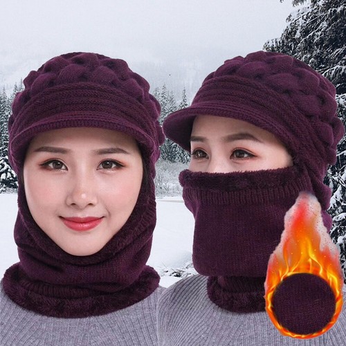 Women Bib Beanie Hat Pom Bobble Scarf Mask Set Knitted Winter Warm Snow Ski Cap - Picture 5 of 14