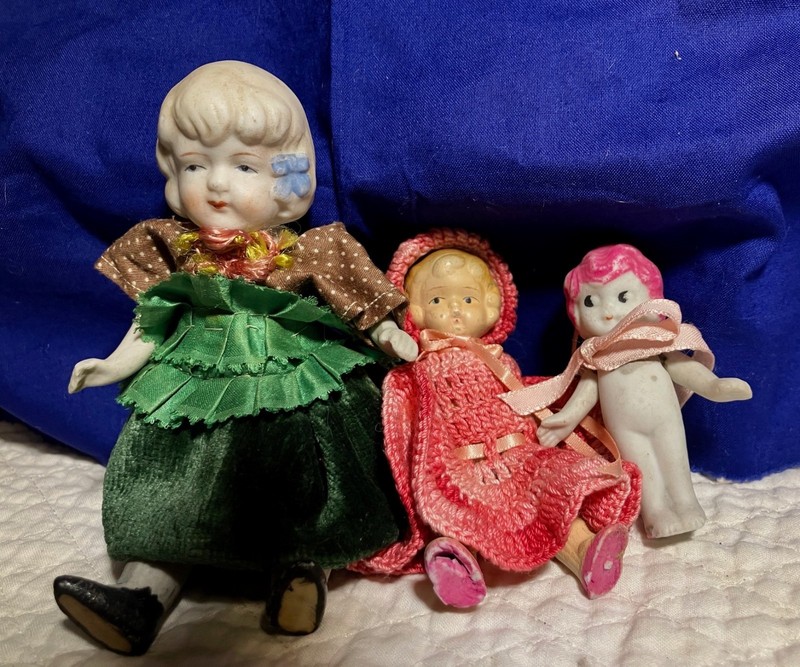 Lot of 3 small Bisque Dolls , marked Nippon, Occupied Japan, Japan