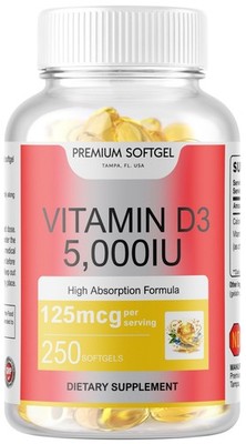 125mcg Vitamin D3 5,000 IU, 250 Softgels - Gluten Free & Non-GMO