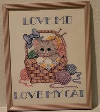 Vtg Bucilla 40750 Love Me Love My Cat Cross Stitch Kit 1993 Completed Framed 