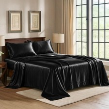 Satin Sheets Queen 4-Piece, Black Hotel Luxury Silky Bed Sheets - Extra Soft ...