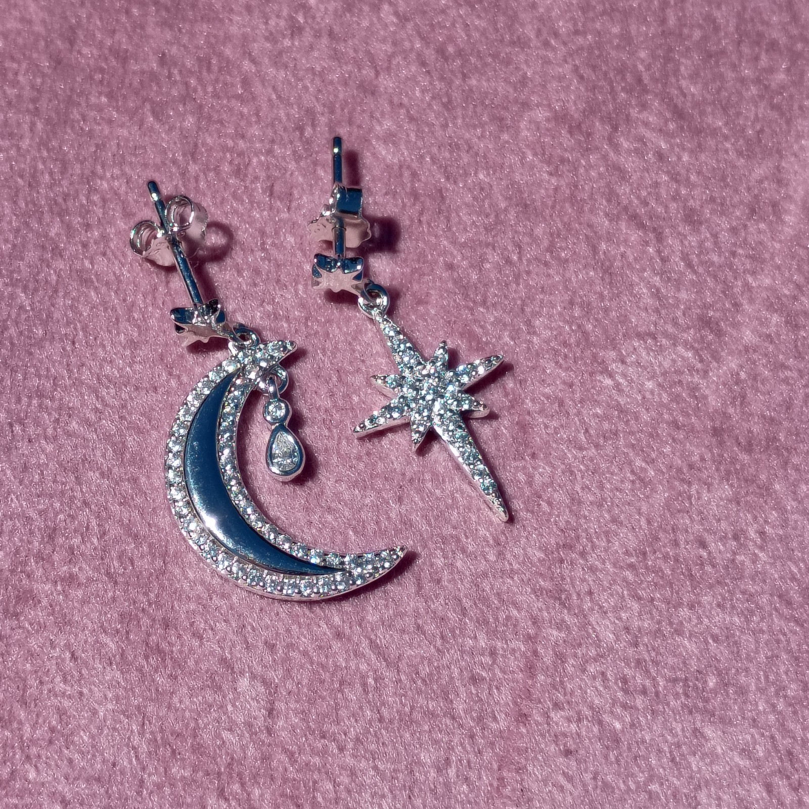 Celestial Moon and Star Dangle Earrings in Sterling Silver with Rhodium and CZ