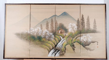 Japanese Byobu "Waterfall Powered Mill" Hand Painted Silk 4-Panel Folding Screen