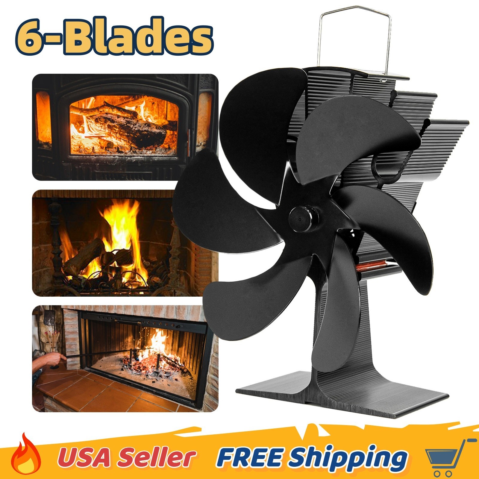 6 Blade Fireplace Wood Stove Fan  Heat Powered Induction Silent ECO for Heater