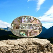 Vintage Unsigned Mexican Nickel Plated Bronze With Abalone Inlays Belt Buckle