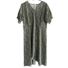 NEW Women Midi Dress Green And White Floral Pattern V Neck Zipper Back Size M