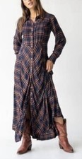 Natural Life Plaid Maxi ShirtDress Boho Long Sleeve Button Front Frayed Fringe S