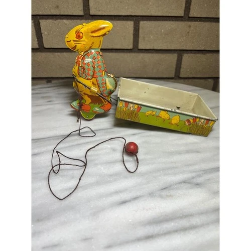VTG 1950s Tin Litho Easter Bunny Peter Rabbit Pull Toy with Wagon Ohio Art Co