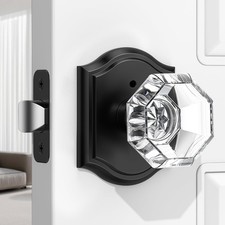 1 Pack Glass Door Knob, Octagon Shaped Crystal Door Knobs with Lock, Matte Bl...