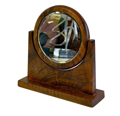 Vintage Mid Century Walnut Burl Petite Table Top Vanity Mirror