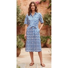 Marimekko Uniqlo Laine Blue White Wave Print Linen Cotton Shirt Dress M 426809