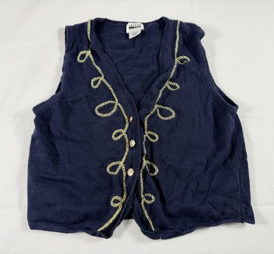 Leslie Fay Navy Gold Knit Vest Women M Embroidered Button Front V-Neck