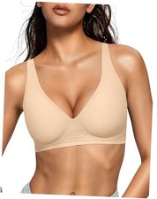 Womens Deep V Bras Wireless Comfortable Bra Supportive No Medium Beige